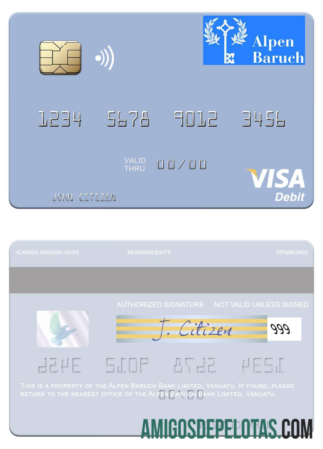 Cartão de débito Visa limitado do Vanuyatu Alpen Baruch Bank exemplo